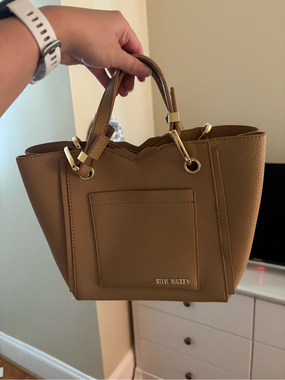 Steve Madden Camel Pebbled Leather Tote with Gold Hardware